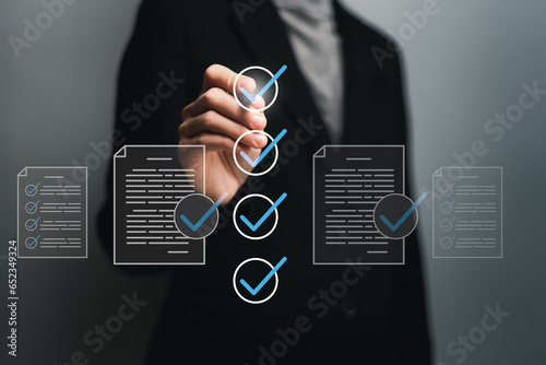 Smart checklist document management certificate and quality control concept, Businesswomen mark on checklist box database and process automation to efficiently manage files Standardization of  product