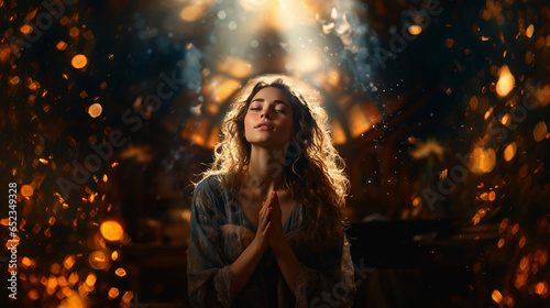 Schönes betendes Mädchen in Kirche mit Lichtstrahl photo