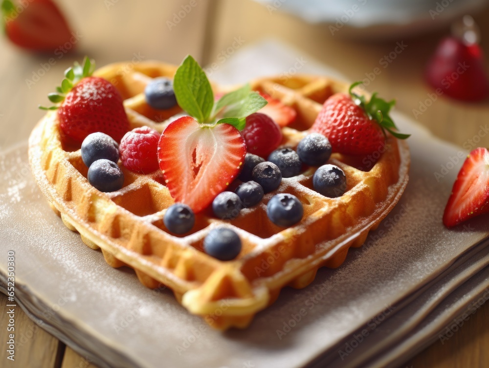 Heart shaped waffles with fresh fruit Heart shaped waffles with fresh fruit