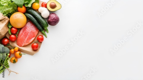 Fototapeta Naklejka Na Ścianę i Meble -  Keto food concept with fresh vegetables and fish fillet on white background, top view angle
