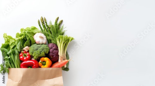 Paper bag full of vegetables on isolated white background, top view angle. Grocery tote bag with healthy food