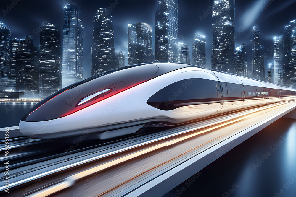 An awe-inspiring image of a superfast magnetic levitation city train with lights trails. Futuristic fast train