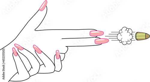 female hand depicts a shot from an imaginary pistol