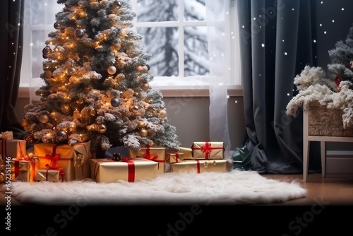 Christmas Home Interior with White Christmas tree. generative ai.