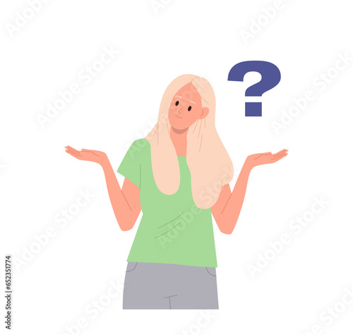 Confused woman thinking with question mark looking overwhelmed and puzzled asking for help