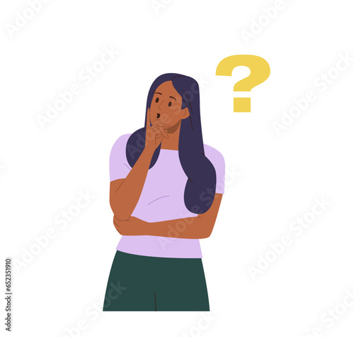 Shocked thoughtful woman with question mark having inner problem or feeling unsure and doubtful