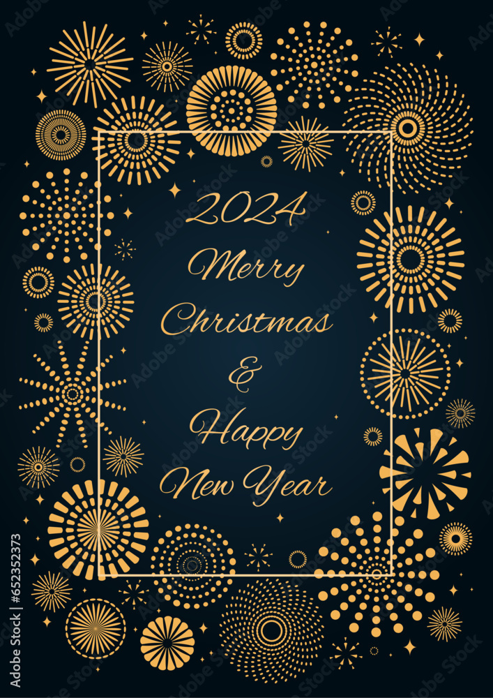 Golden fireworks 2024 Happy New Year, bright frame on dark background, with text. Flat style vector illustration. Abstract geometric design. Concept for holiday greeting card, poster, banner, flyer Golden fireworks 2024 Happy New Year, bright frame on dark background, with text. Flat style vector illustration. Abstract geometric design. Concept for holiday greeting card, poster, banner, flyer