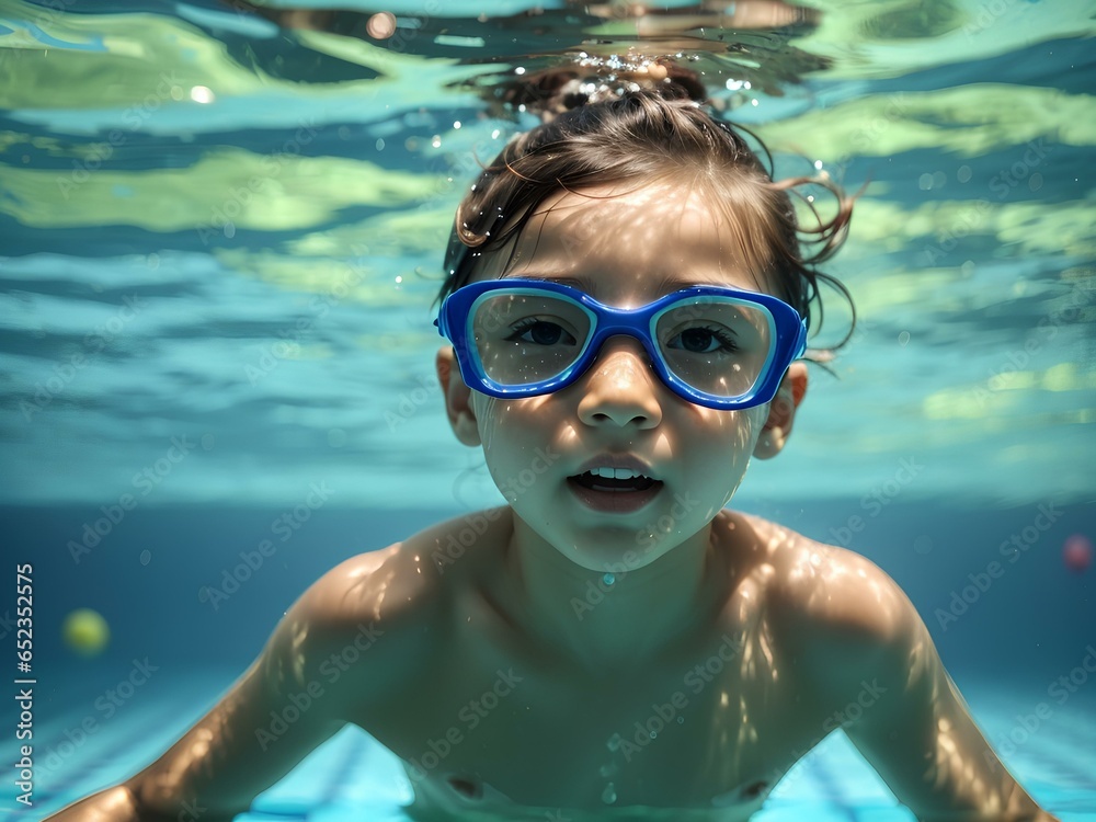 Naklejka premium Kid boy swim underwater in summer pool. Summer kids vacation concept. Funny kids face underwater. Child splashing in swimming pool. Summer water sport. Summer vacation with child.