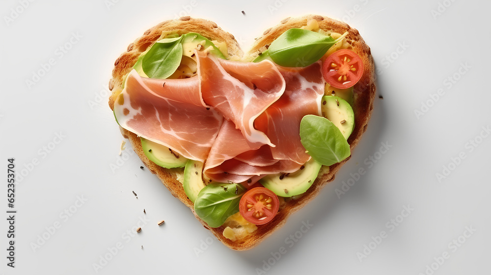 Sandwich or toast in the shape of a heart with salmon, jamon and avocado on a white background. Breakfast on Valentine's Day.