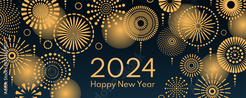 Golden fireworks 2024 Happy New Year, bright on dark background, with text. Flat style vector illustration. Abstract geometric design. Concept for holiday greeting card, poster, banner, flyer