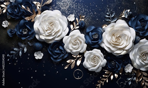 navy background, white roses,light blue roses,silver accents, glitter, Generative Ai