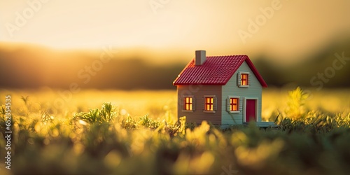 Eco friendly dream home. Miniature model amidst nature. Property investment concept. Tiny model house in green oasis. Building for future. Miniature houses in beautiful garden