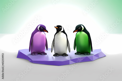 Three penguins in unique colors  on polygonal ice platform