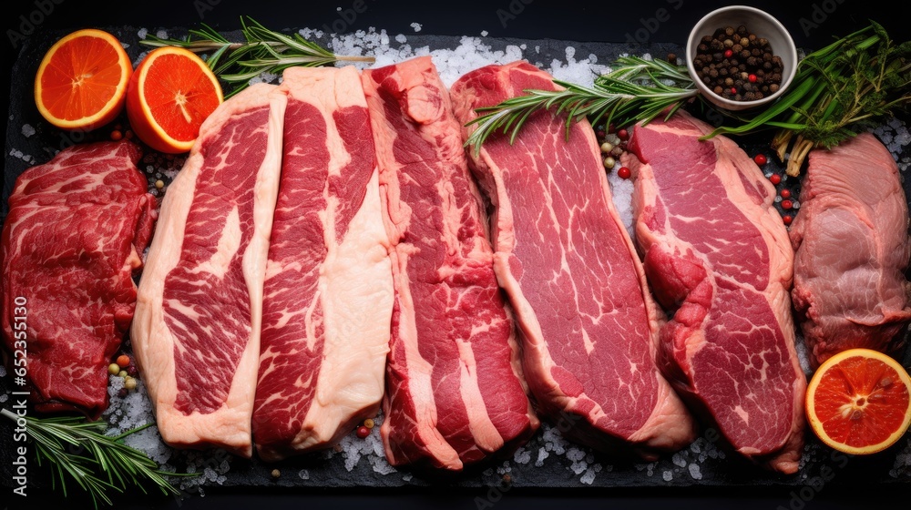 Assorted of Raw meat steaks on with spices on a black stone background, top view angle, generative ai Assorted of Raw meat steaks on with spices on a black stone background, top view angle, generative ai