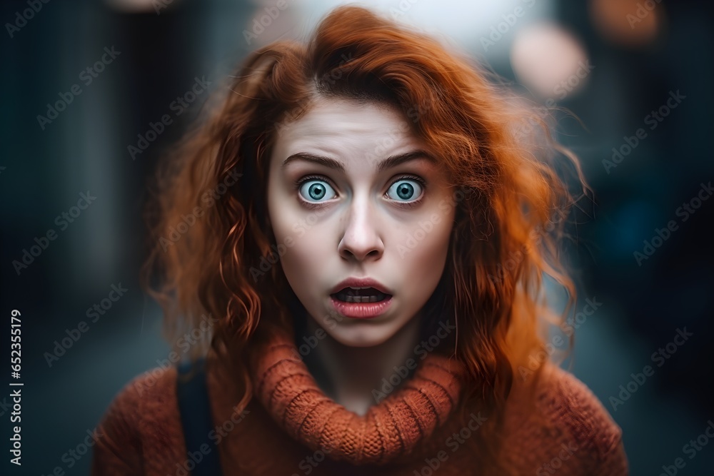 Portrait of a shocked young woman with red hair, AI Portrait of a shocked young woman with red hair, AI