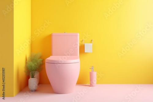 Spacious bathroom with vibrant yellow toilet. Contemporary design. Pink backdrop for mockup. Generative AI