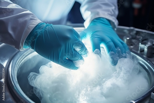 Close-up hand working with liquid nitrogen from cryogenic tank at sciences laboratory. High tech medical lab equipment used in vitro fertilization process. IVF treatment. Artificial insemination