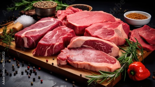 Raw beef steaks on a cutting board with spices on a black stone background, generative ai