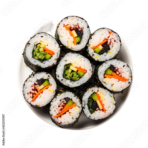 Top view of Korean food Gimbap isolated on a white transparent background