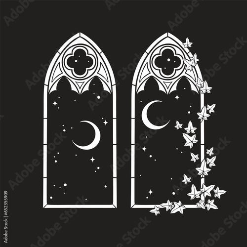 Gothic windows with poison ivy and night sky with crescent moon hand drawn line art gothic tattoo design isolated vector illustration