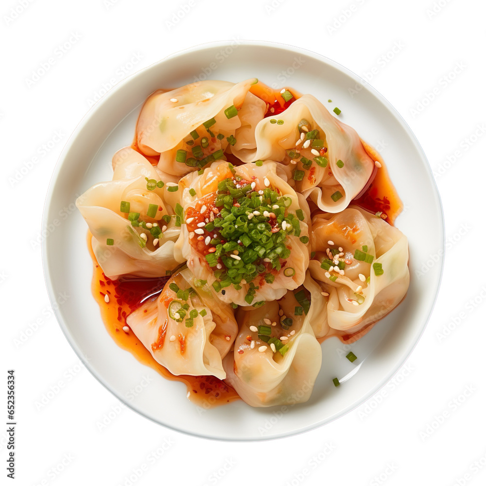 Top view of Korean food Kimchi Mandu isolated on a white transparent background