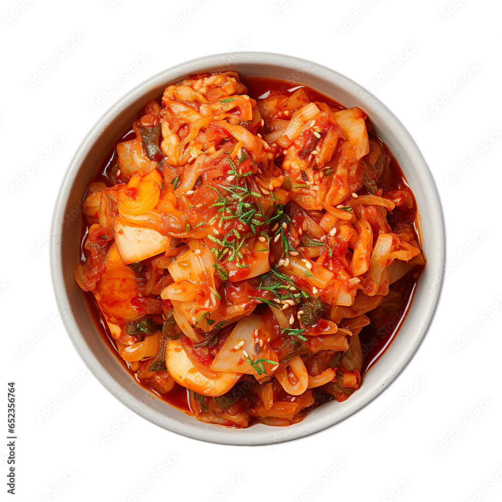 Top view of Korean food Soondubu Kimchi isolated on a white transparent background Top view of Korean food Soondubu Kimchi isolated on a white transparent background