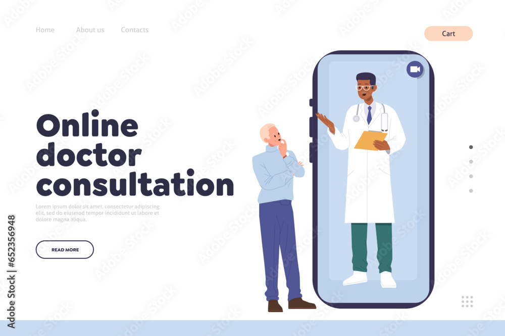 Online doctor consultation landing page with man patient having virtual video chat with therapist