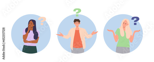 Isolated composition set with young thoughtful people cartoon character thinking having question