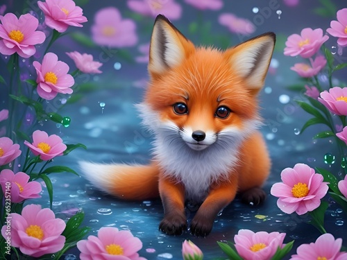 Cute little fox cub sitting in the flower garden with beautiful neon color background © Art by H