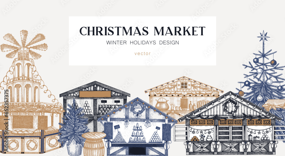 Christmas market background. Hand drawn vector illustration. European holiday marketplace banner design.. Christmas tree, wooden stall kiosk, candy shop, bakery, mulled wine sketches