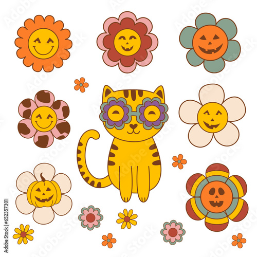 set of isolated groovy retro Halloween cat and flowers
