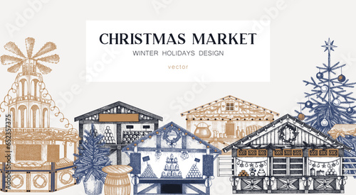 Christmas market background. Hand drawn vector illustration. European holiday marketplace banner design.. Christmas tree, wooden stall kiosk, candy shop, bakery, mulled wine sketches