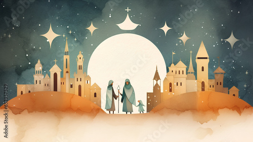 The Nativity scene of Jesus, Mary, and Joseph. Illustration.