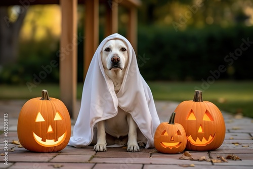 The dog sits like a ghost on Halloween