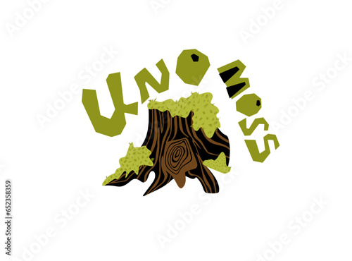 eco friendly sign. funny quote about plants. Stump with moss. Hand-drawn color illustration. Isolated composition of a small forest scene.