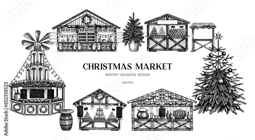 Christmas market background. Hand drawn vector illustration. Traditional european holiday marketplace frame design.. Christmas tree, wooden stall kiosk, candy shop, bakery, mulled wine sketches