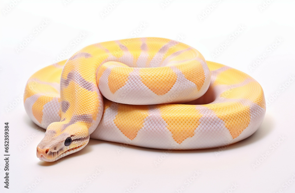 Yellow Burmese python isolated on white background. Python reticulatus ...