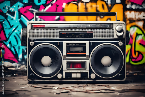 Retro old design ghetto blaster boombox radio cassette tape recorder from 1980s in a grungy graffiti covered room. Music background colorful retro style