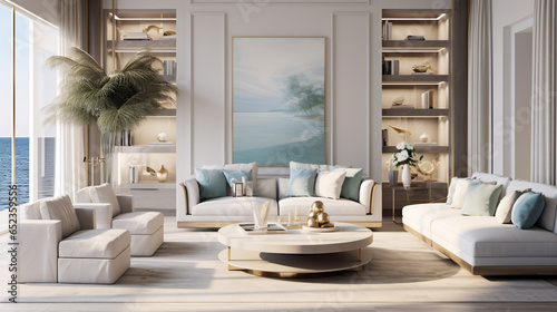 Coastal interior design for a modern living room featuring an elegant sofa, framed artwork, a table, and various accessories