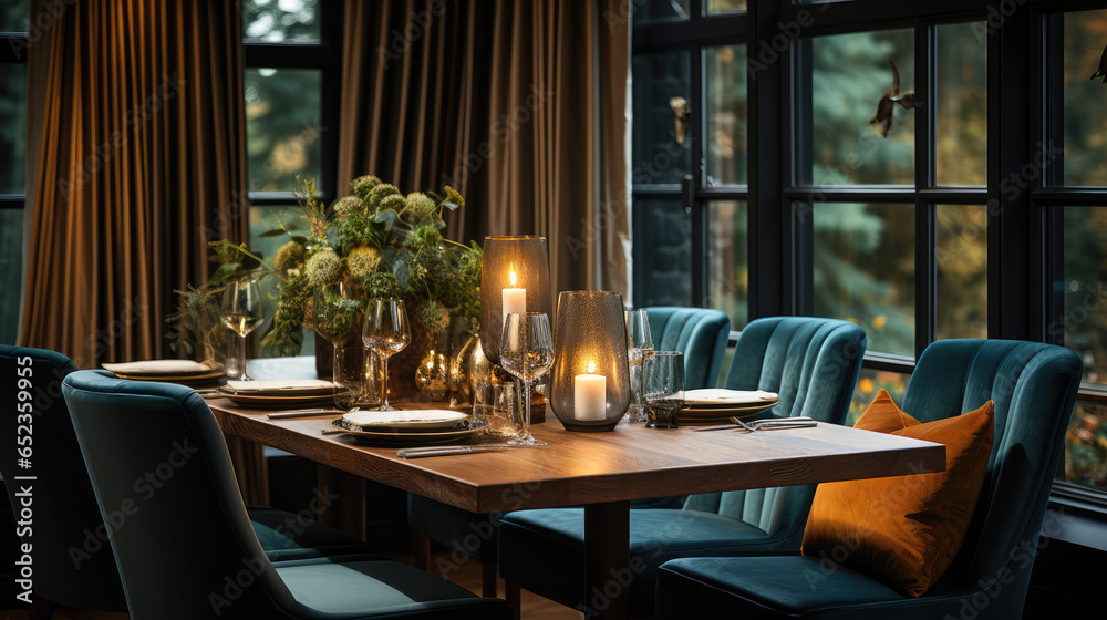 Obraz na płótnie blue chairs wooden table modern dining room detail curtains interior design w salonie