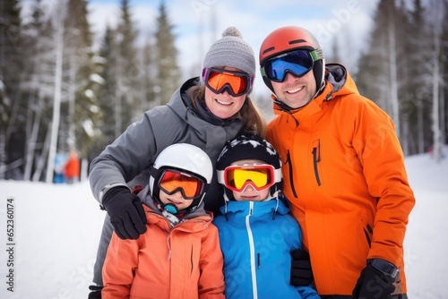 Family skiing and snowboarding