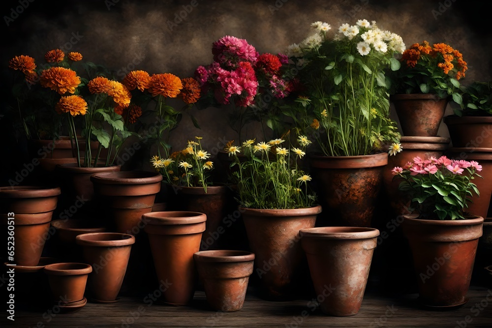 flowers in the pots in the garden