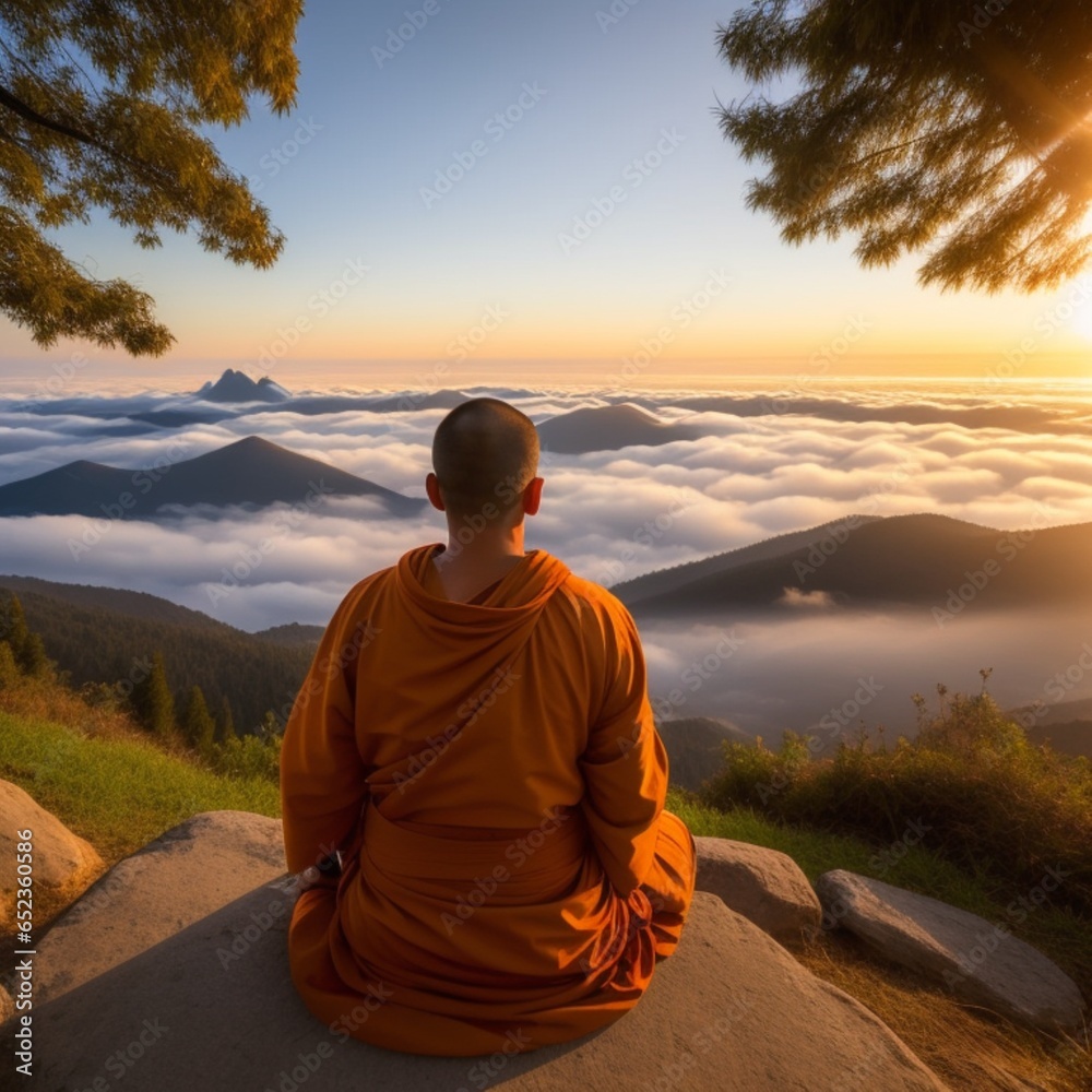 A monk is meditating on the to of a mountain with a scenic view of mountains, clouds & a beautiful sunrise - generative ai