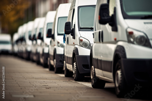 Row of white delivery vans. Commercial freight transportation.