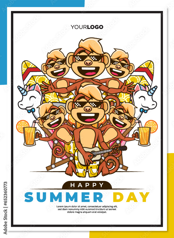 Obraz premium happy summer poster with monkey in the beach vector character