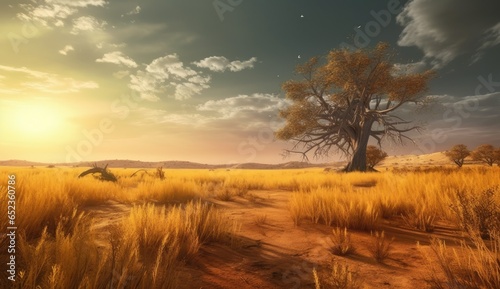 A cinematic African landscape featuring sweeping grasslands