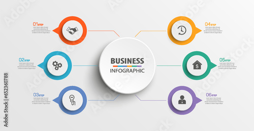 Business vector infographic design template with icons and 6 options or steps. Can be used for process diagram, presentations, workflow layout, banner, flow chart, info graph