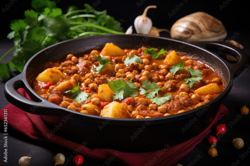 Vegan potato chickpea curry. Healthy vegetarian food concept.