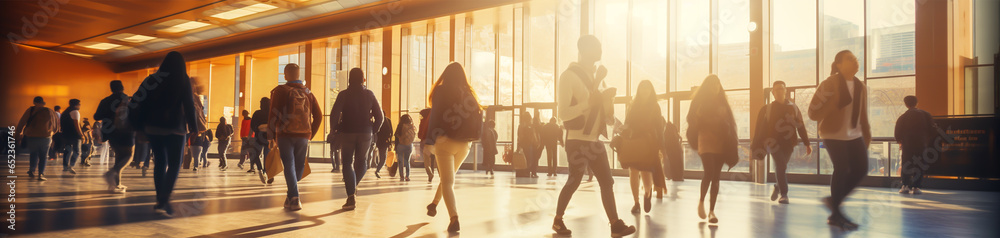 Fototapeta premium crowd of students rushing to college on a sunny morning. Generative Ai