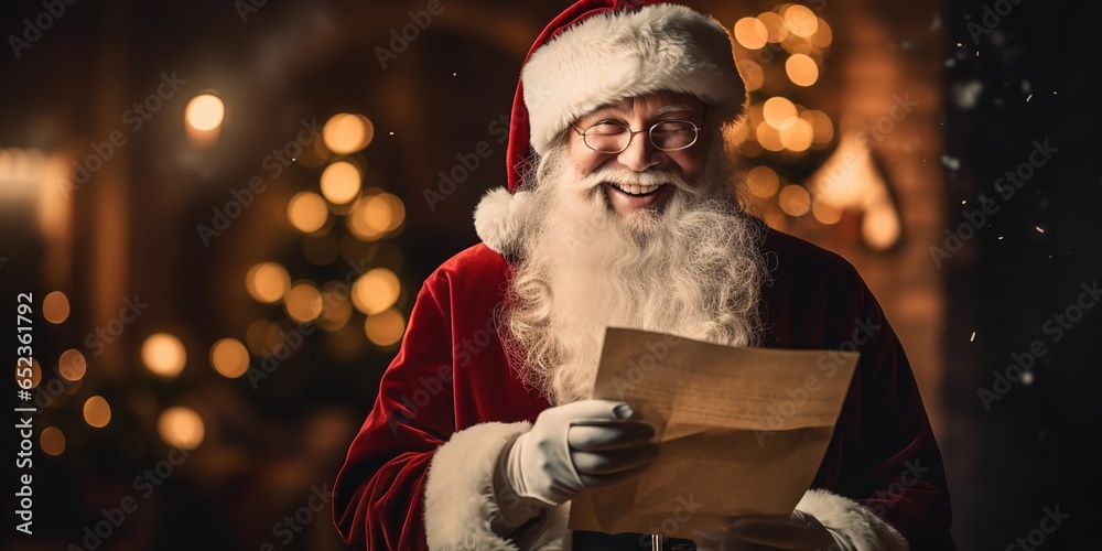 Happy and ecstatic old Santa Claus in costume clutching Happy Holidays, wish list paper, Generative AI. - obrazy, fototapety, plakaty 
